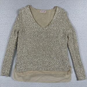 Laetitia Mem Sweater‎ Womens Gold Beige Sequins Sheer Hem Party Career Knit Top